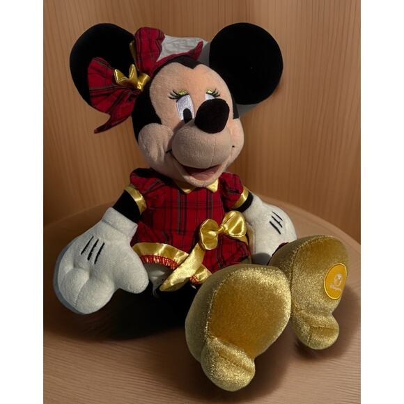 Disney Store Vtg Christmas Minnie Mouse 15" Plush Toy Gold Red Plaid - Picture 1 of 3
